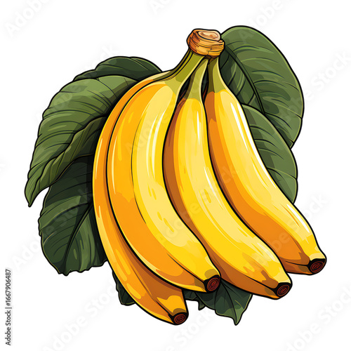 Illustration of ripe yellow bananas with green leaves in png format.