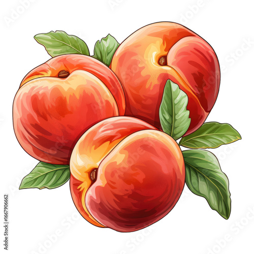 Illustration of ripe peaches with green leaves in png format.