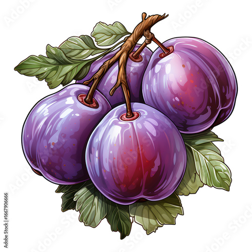 Illustration of ripe purple plums with green leaves in png format.