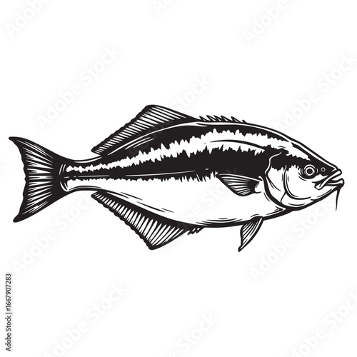 black and white silhouette vector of Pomfret fish with white background
