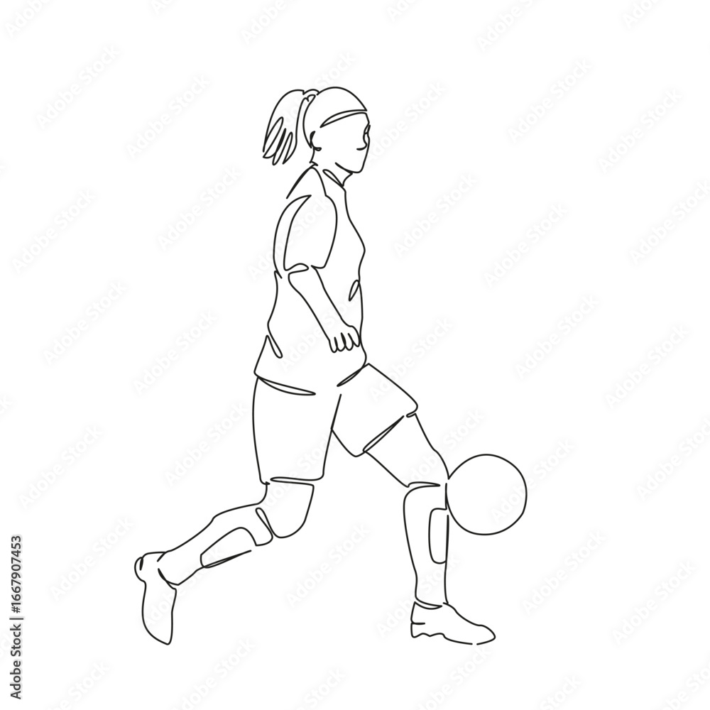 Fototapeta premium One continuous single drawing line art flat doodle sport, soccer, playing, football, kicking, athlete, competition, girl, ball. Isolated image hand draw contour on a white background, hand drawn, not 