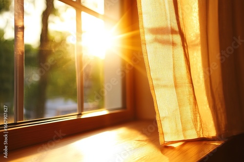 Golden sunlight streams through a window, illuminating a room