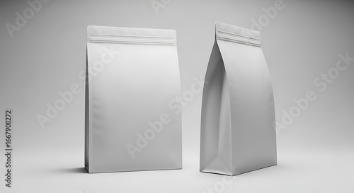 Two White Blank Foil Food or Drink Bags Mockup Isolated Design