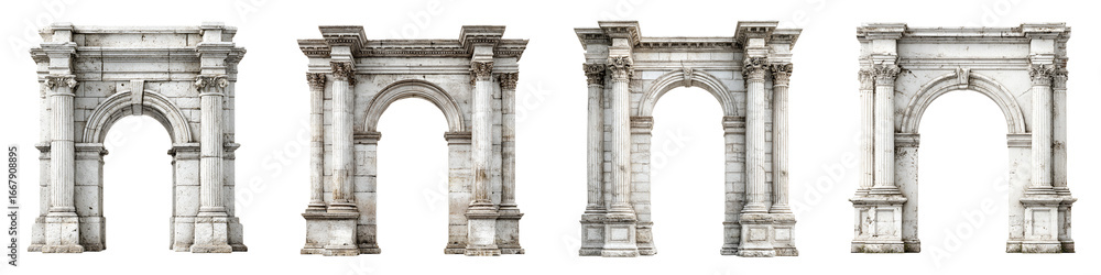 Obraz premium Ancient Roman Arches: Stone Gateways Isolated on Clean White Background