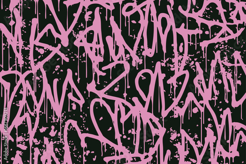 Pink graffiti lettering vector with splattered paint and dripping tags on dark background, rebellious street art texture for contemporary design.