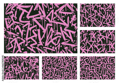 Set of abstract pink graffiti tag vectors on black background with dripping spray paint effect, urban street art collection for modern design and wallpaper.