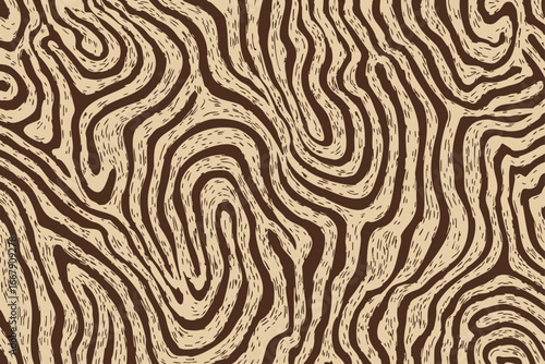 Distorted zebra-inspired abstract line art vector in earthy brown and beige tones with psychedelic wave texture.