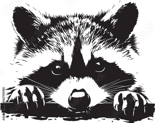 Intrigued Raccoon: A charming, monochrome depiction of a curious raccoon, its masked face and tiny paws peeking over a surface, offering a glimpse of playful, inviting behavior.