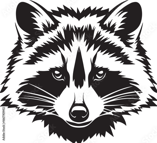 Raccoon Face in Monochrome: A striking monochrome image showcases a raccoon's face, with detailed line art capturing the iconic bandit mask and bushy fur.
