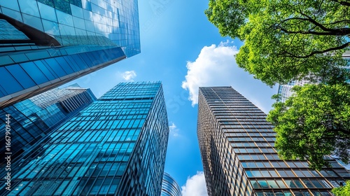 Modern skyscrapers rising towards a clear blue sky, with lush green trees