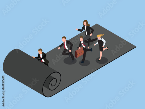 A group of business people running on a rolling carpet. Concept of business growth, progress, and a fast-moving corporate environment 3d isometric vector illustration