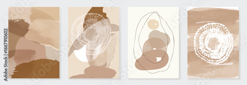 Abstract wall art vector set. Wood and organic shape with brown watercolor texture in earth tone colors. Illustration design for Eco packaging, interior, cover, wall art, wallpaper.