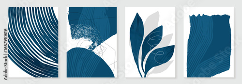 Abstract wall art vector set. Organic shape with blue watercolor texture in earth tone colors. Illustration design for Eco packaging, interior, cover, wall art, wallpaper.