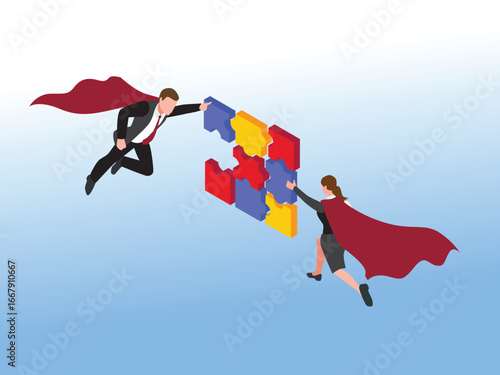Two business people in superhero capes flying to connect puzzle pieces. Concept of teamwork, collaboration, and problem solving 3d isometric vector illustration