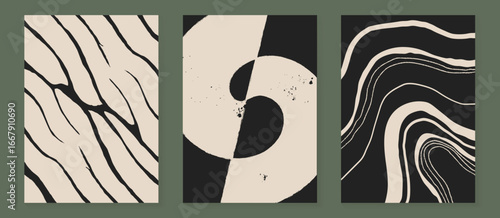 Abstract wall art vector set. Organic shape and wavy line with grain texture in monochrome. Illustration design for Eco packaging, interior, cover, wall art, wallpaper.