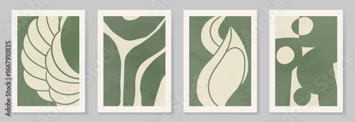Abstract wall art vector set. Organic shape and leaves with green watercolor texture in earth tone colors. Illustration design for Eco packaging, interior, cover, wall art, wallpaper.