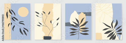 Abstract botanical poster vector set. Leaves, flower with grain texture in earth tone colors. Illustration design for Eco packaging, interior, cover, wall art, wallpaper.