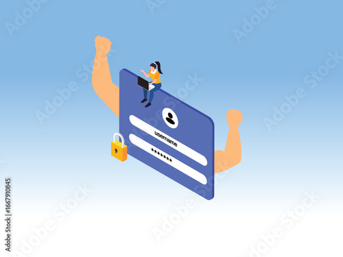 A woman with a laptop sitting on a strong user login form with muscular arms. Concept of cybersecurity and secure access 3d isometric vector illustration
