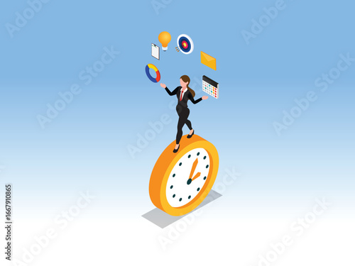 A businesswoman balancing on a clock while juggling various business tasks and icons. Concept of time management, multitasking, and efficiency 3d isometric vector illustration
