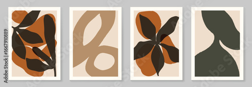 Abstract wall art vector set. Organic shape and leaves with watercolor texture in earth tone colors. Illustration design for Eco packaging, interior, cover, wall art, wallpaper.