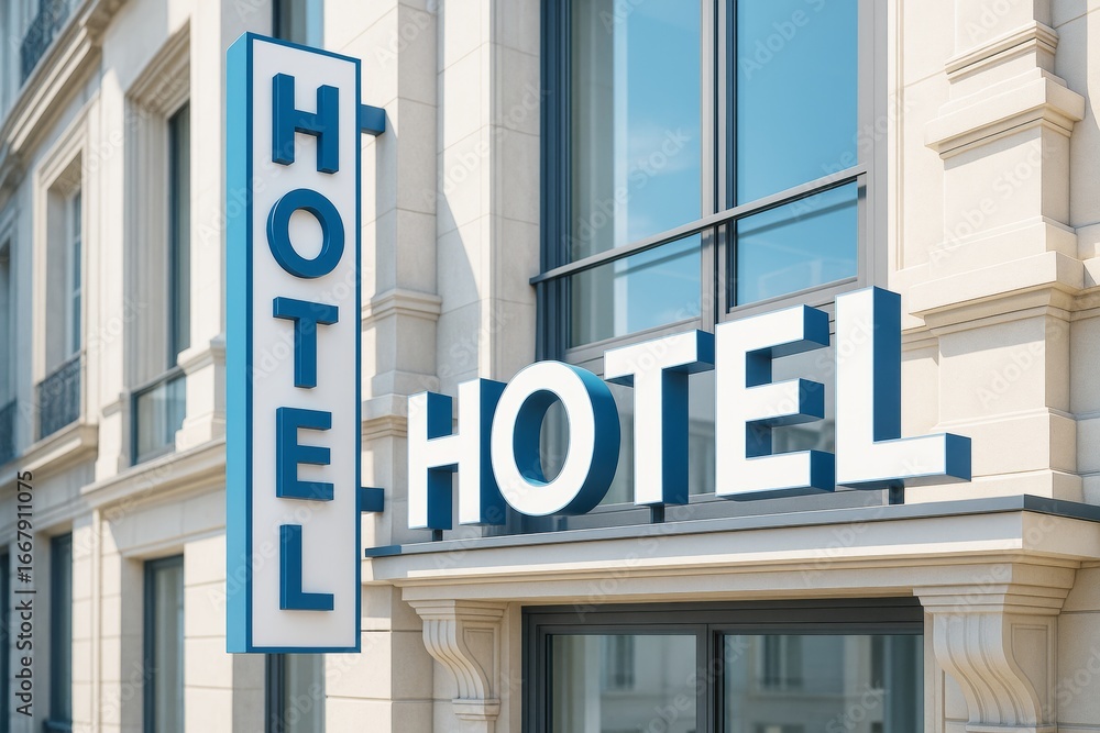 Obraz premium Modern hotel sign with bold blue letters on luxury building exterior, stylish daylight travel background concept with creative architectural design.