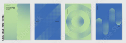 Modern gradient poster on green and blue background vector set. Cover template with blue and green dot halftone in different shape. Modern Design for wall art, flyer, brochure, cover and web banner.