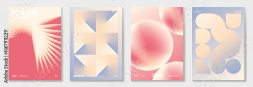 Modern gradient poster on light background vector set. Cover template with blue pink gradient geometric in different shape. Modern Design for wall art, flyers, brochures, covers and web banners.