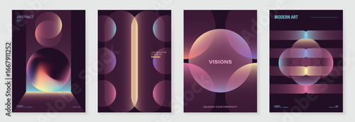 Modern gradient poster on dark background vector set. Cover template with purple blue pink geometric shape in different glass. Modern Design for wall art, flyers, brochures, covers and web banners.
