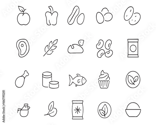 Set of outline icons related to food product classification .Linear icon collection