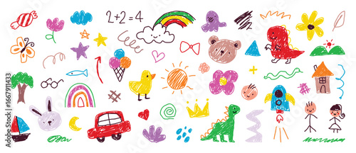 kids hand drawn doodle vector. Cute flower, cloud, sun, rainbow, house, tree, dino, car, rocket, rabbit, bear, boy, girl in colorful. Design for fabric, sticker, icon, kids.