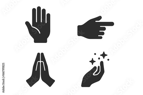 Mystical hand gestures icon set. Solid glyph symbols for magic, witchcraft, and spiritual concepts. Includes praying hands, pointing finger, open palm, and spell casting hand.