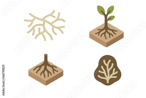 Mycorrhizal network isometric icon set. Fungal hyphae, plant seedling, and tree root symbiosis. Soil biology and underground ecosystem concept vector illustration collection.