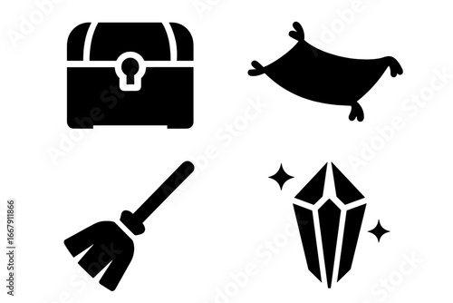 Mythical fantasy solid icon set. Magic vector objects. Treasure chest, magic carpet, flying broom, crystal gem. Witchcraft, fairytale, gaming, RPG symbols. Glyph collection.