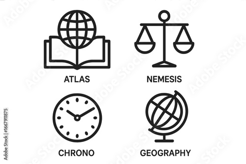 Mythical language roots outline icon set. Vector collection of Atlas book, Nemesis justice scales, Chrono clock, geography globe. Ancient Greek mythology concept illustration.