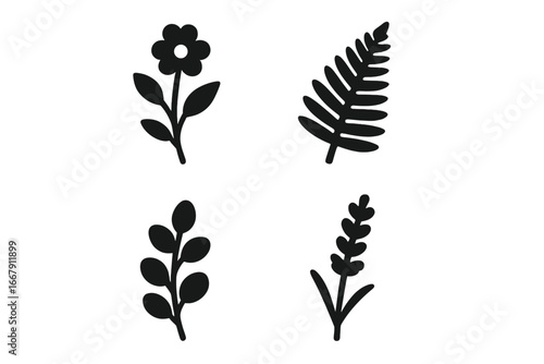 Nature icon set with simple plants. Solid black silhouette of wildflower, fern leaf, eucalyptus branch, lavender sprig. Botanical floral vector glyphs for package design.