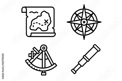 Nautical map icons. Outline icon set for navigation and sea adventure. Old treasure map, compass rose, sextant, and spyglass. Vintage pirate exploration vector symbol collection.