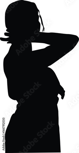 A silhouette of a confident, stylish woman in a graceful pose, emphasizing elegance and poise. The design highlights feminine form and fashion, suitable for artistic, fashion, or lifestyle projects.