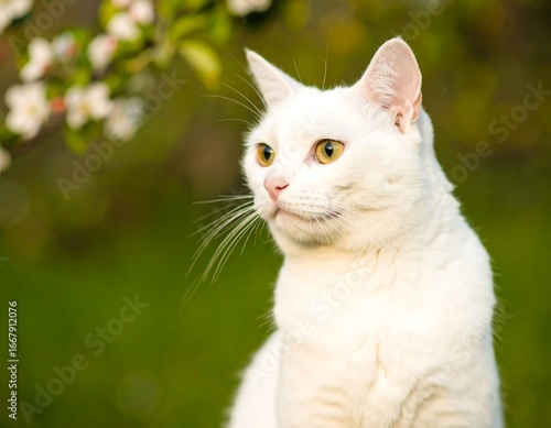 White cat in spring garden