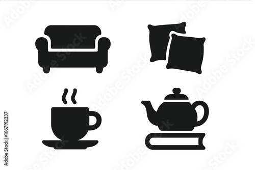 Cozy evening at home vector icon set. Solid glyphs of sofa, pillows, coffee cup, teapot on book. Concept of comfort, relaxation, hygge, leisure. Minimalist silhouette symbols.