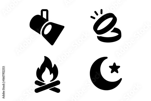 Night festival solid icon set. Ramadan celebration glyphs. Vector icons of spotlight, glowing wristbands, campfire, crescent moon and star for party or music event.
