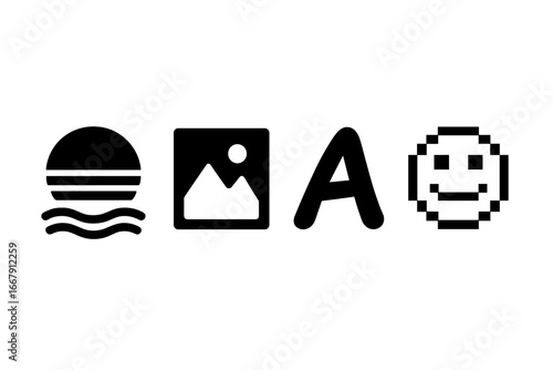 Solid icon set of niche internet meme aesthetics. Vaporwave sunset, low-res picture placeholder, bold letter A, and pixelated smiley face emoji. Vector graphic symbols.