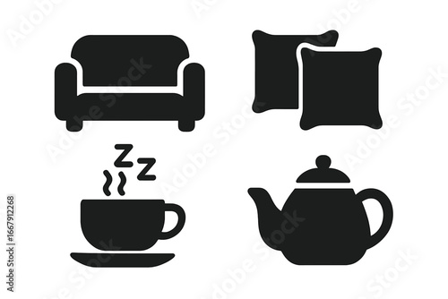 Cozy evening icon set. Home comfort and relaxation symbols. Sofa, pillows, hot tea cup for sleep and bedtime. Solid glyph vector illustration for night routine concepts.