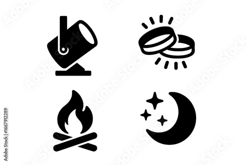 Night festival solid icon set. Music concert and outdoor party vector symbols. Includes stage spotlight, glowing wristbands, campfire, and crescent moon with stars. Glyph pack.