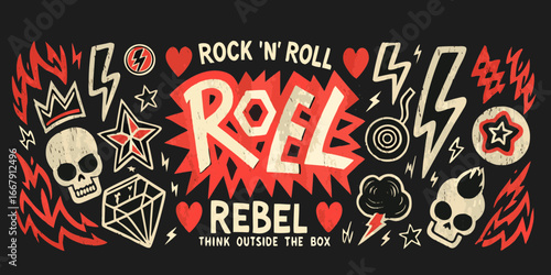 Rock and Roll Rebel Graphic with Skulls Lightning Bolts and Stars
