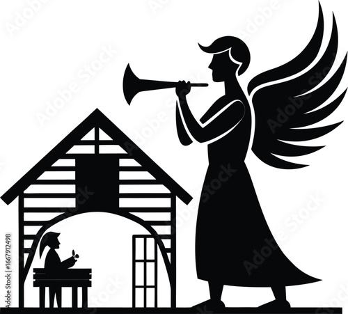 Angel With Trumpet Announcing Birth Over Stable