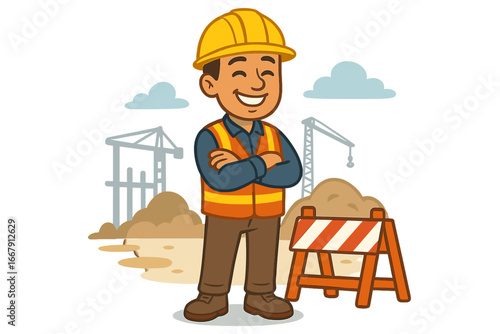 Happy construction worker in safety gear. Cartoon builder character with hard hat and vest at a building site. Professional foreman or engineer mascot. Vector illustration.