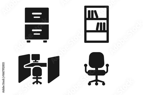 Office furniture solid glyph icon set. Vector collection of essential workplace equipment, filing cabinet, bookshelf, cubicle workstation, swivel chair for business interior design.