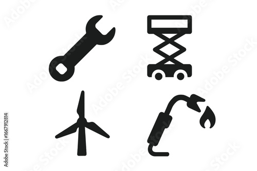 Offshore wind turbine maintenance icon set. Solid vector icons for renewable energy industry. Includes wrench, scissor lift, welding torch. Green power repair and service symbols.