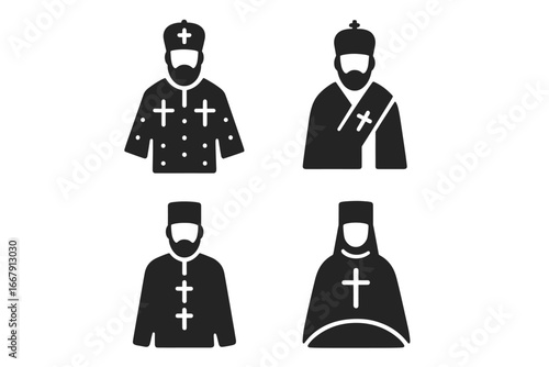 Orthodox clergy icon set. Eastern Christian priest, bishop vector symbols. Religious figures in traditional vestments: sakkos, phelonion. Christian faith spiritual leader glyphs.