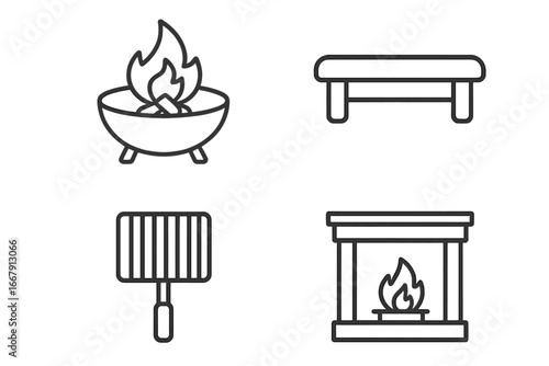 Backyard fire pit and outdoor fireplace linear icon set. Vector illustration of patio furniture, seating bench, bbq grill grate, and mantelpiece for garden and camping concepts.